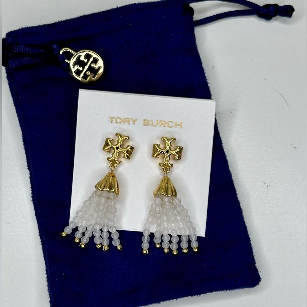 Tory Burch Roxanne Tassel Earrings Gold-Plated Brass Clear Beaded Drop 2.25” - Picture 3 of 8